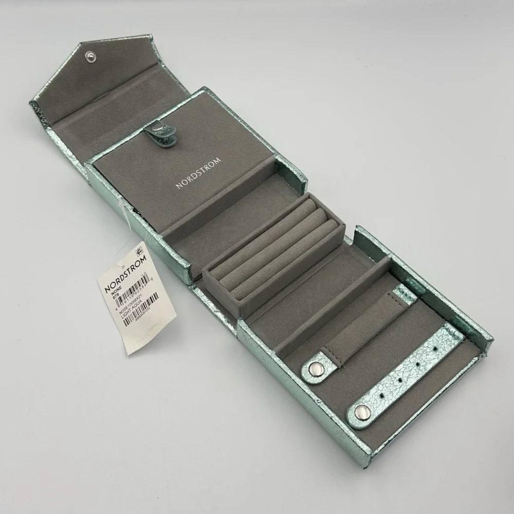 NWT NORDSTROM Aqua Blue‎ Metallic Folding Jewelry Ear Ring Box Travel Organizer